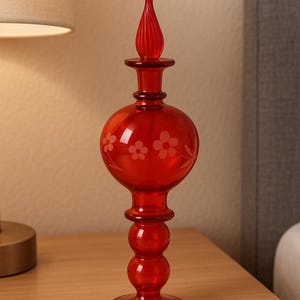 Hand Blown Red Glass Perfume Bottle | Vintage-Style Floral Etching | Refillable Bottles | Egyptian Bottle.