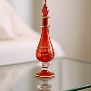Hand-Blown Red Glass Perfume Bottle | Vintage Floral Etched Vanity Decor | Decorative Fragrance Bottle.