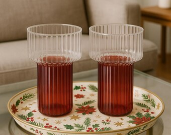 Hand-Blown Red Ribbed Glass Cup: Christmas Glassware | Unique Tumblers Drinking Glass | Kitchen Accessories.