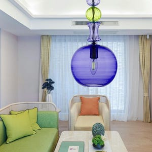 Handblown Blue Glass Pendant Light | Modern Kitchen Island Lighting | Ceiling Lamp for Living Room.