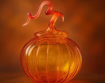 Hand-Blown Orange Glass Pumpkin Jar with Curly Stem Lid | Candy  Bowl | Cookie Jar.