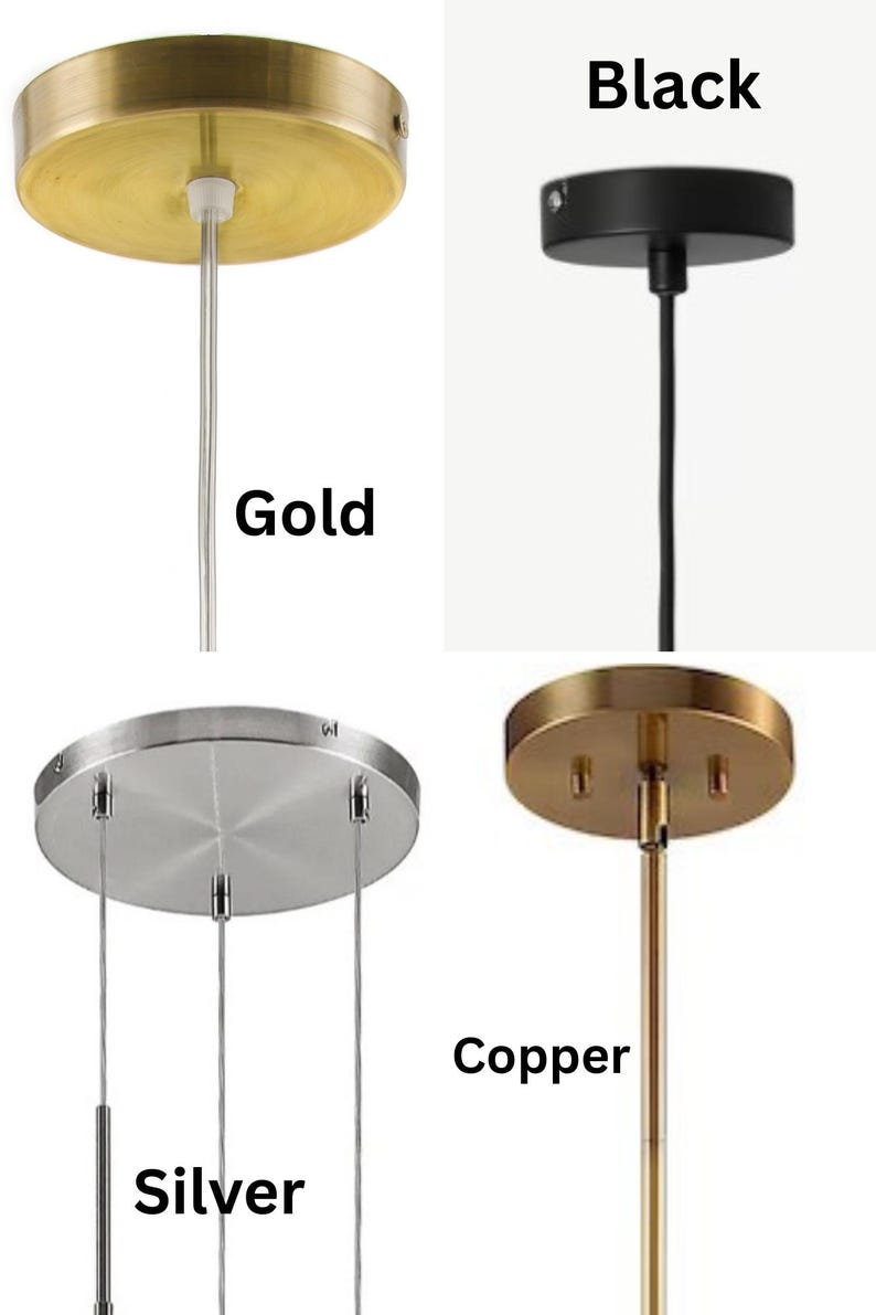 May include: Four pendant light fixtures in gold, black, silver, and copper finishes. Each fixture has a circular canopy and a single hanging wire or rod. The text labels each color.