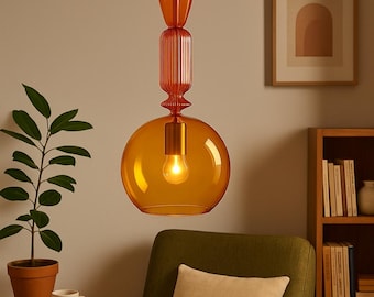 Handgeblazen glazen hanglamp | Moderne barnsteenverlichting uit het midden van de eeuw | Plafondlamp | Keukeneilandlamp.