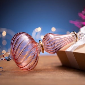Hand Blown Pink Glass Christmas Ornament | Ribbed Bauble with Gold Accents | Ornaments for Holiday.