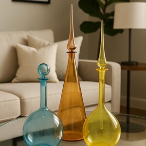 May include: Three decorative glass bottles in blue, amber, and yellow. The bottles have elongated, pointed stoppers. The bottles are displayed on a glass-topped table.