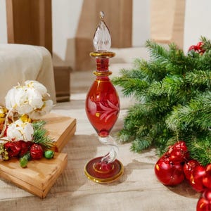 Hand Blown Red Glass Perfume Bottle | Vintage Style Gold Accent | Egyptian Art | Glass Collectible.