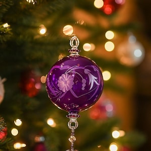 Purple Glass Christmas Ornaments, Handmade Ornament for Holiday Decorations, Engraved glass Ornament for Christmas tree, Glass Bauble
