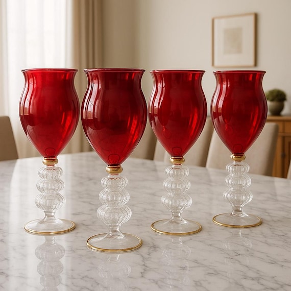 Hand Blown Red Glass Goblet: Christmas Holiday Drinkware | Elegant