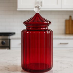 Handblåst apoteksburk i rött glas | Godisskål i vintagestil | Socker- och kaffeburk | Kakskål.