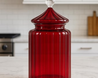 Hand Blown Red Glass Apothecary Jar | Decorative Candy Storage