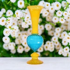 Hand-Blown Glass Vase, Turquoise and Yellow Art Deco Style Vase for Home Decor, Vases for Flowers, Handmade Decorative Vase for Housewarming