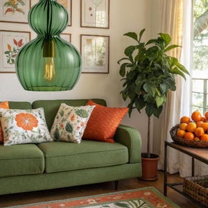 Hand Blown Green Glass Pendant Light | Modern Ribbed Gourd Lamp | Ceiling Lamp | Hanging Lighting.
