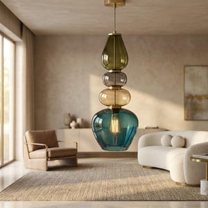May include: A multi-tiered pendant light featuring four stacked, translucent glass globes in olive green, grey, amber, and teal. The glass elements are connected by a central brass rod and hardware, with an exposed filament bulb inside the base.