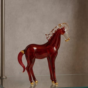 Handmade Red Blown Glass Horse Figurine | Gold Accent Sculpture | Collectible Art | Animal art.
