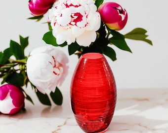 Handblown Red Art Glass Vase | Ribbed Home Decor | Vases for flowers | Centerpiece Glassware.