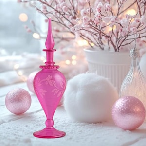 Hand-Blown Pink Glass Perfume Bottle with Stopper | Vintage Vanity Decor | Decorative Fragrance Bottle.