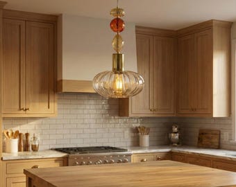 Handgeblazen hanglamp in Murano-stijl | Amber en gouden accenten | Plafondlamp voor woonkamer, keuken.