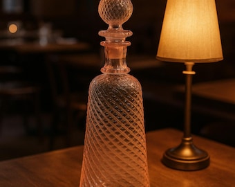 Hand-Blown Pink Glass Decanter | Vintage Diamond Pattern Decorative Bottle | Refillable Oils or Perfume bottles.