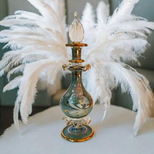 Può includere: Un'ornata bottiglia di profumo vintage con un tappo trasparente a forma di goccia. La bottiglia è verde acqua con dettagli dorati e disegni floreali. Piume bianche si aprono a ventaglio dietro la bottiglia, creando un'esposizione decorativa.