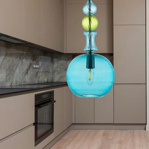 Handblown Turquoise Glass Pendant Light | Modern Twisted Neck Ceiling Fixture | Hanging Lamp | Kitchen Lighting.
