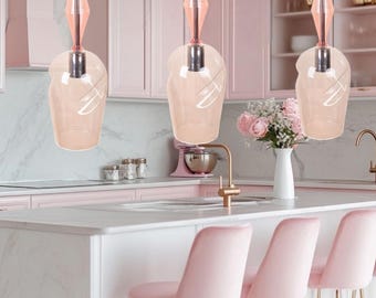Handblåst glaspendellampa | Geometrisk hänglampa i bärnstensfärgad ros | Taklampa för kök.
