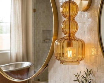 Aplique de pared de cristal ámbar / Lámparas de pared de latón / Lámparas de mesilla de noche sopladas a mano / Lámpara de tocador de baño.