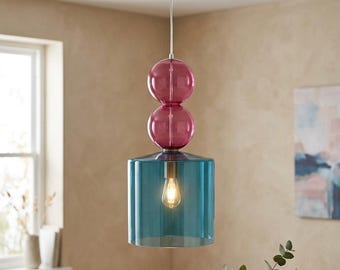 Blown Glass Pendant Light | Light Fixtures | Pink & Aqua Modern Chandelier | Ceiling Lighting | Hanging Lamp.