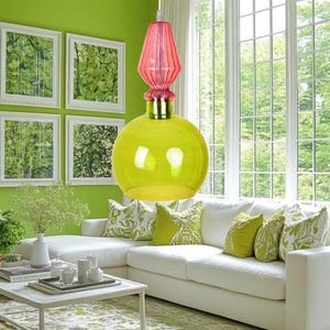Handblown Green Glass Pendant Light | Modern Boho Hanging Lamp | Ceiling Fixture for Living Room.