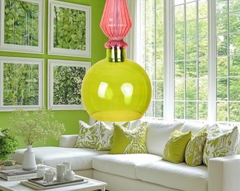 Handgeblazen groene glazen hanglamp | Moderne boho-hanglamp | Plafondarmatuur voor woonkamer.