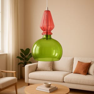 Handblown Glass Pendant Light | Green Bowl Shade | Modern Boho Lighting | Ceiling Lamps | Hanging Lighting.