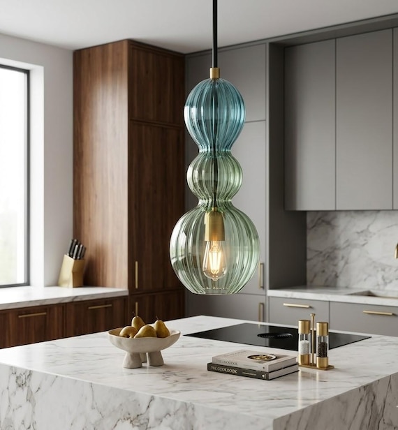 Mundgeblasenes grünes Glas Pendelleuchte | Moderne Teardrop Hängelampe | Deckenleuchte für Küche