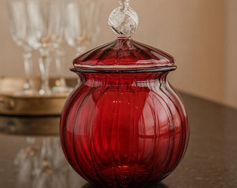 Hand Blown Red Glass Apothecary Jar | Decorative Candy Storage | cookie jar | Kitchen accessories.