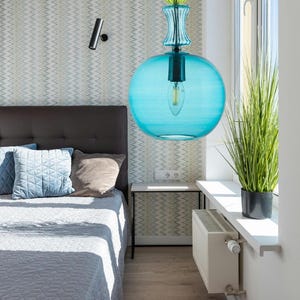 Handblown Turquoise Glass Pendant Light | Modern Twisted Neck Ceiling Fixture | Hanging Lamp | Kitchen Lighting.