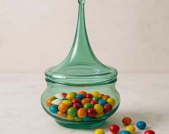 Hand Blown Green Glass Candy Jar | Vintage Holiday Kitchen Decor | Candy Bowl | Storage Container.