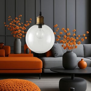 Clear glass pendant lighting, Handblown Glass hanging light, Unique Home decor, Globe ceiling light fixture for kitchen Island, Living room.