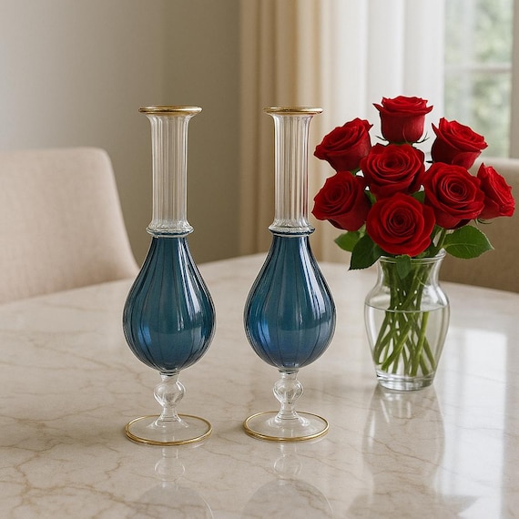 Hand-blown Blue Glass Vases With Gold Rim: Elegant Teardrop  Elegant Blue Glass Vase Set main image 0