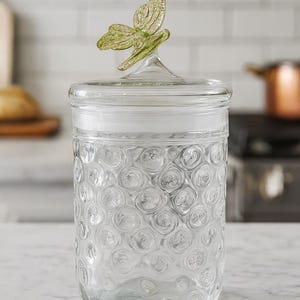 Handblåst glasburk med fjärilslock | Texturerad genomskinlig dekor | Dekorativ godisburk | snackshållare.