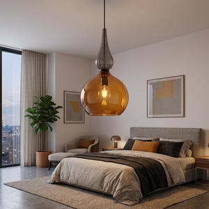 Handblåst bärnstensfärgad glashängelampa i droppform | Köksö-lampa | Hänglampa | Takbelysning.
