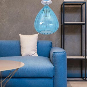 Handblown Blue Glass Pendant Light –  Modern Teardrop & Globe Art Glass Hanging Lamp – Elegant Glass Light Fixture, art decor for any place.