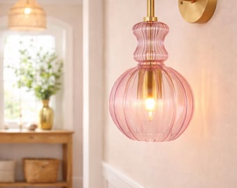 Hand Blown Pink Glass Wall Sconce | Modern Brass Wall Light | Ribbed Globe Lighting Fixtures.
