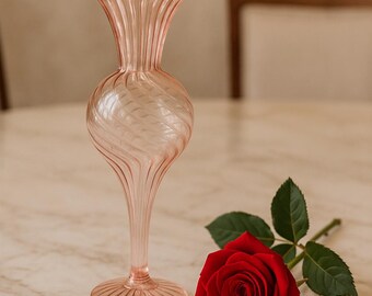 Hand-Blown Pink Glass Vase | Ribbed Swirl, Vintage Style | Modern Decorative Vase | Unique Centerpiece