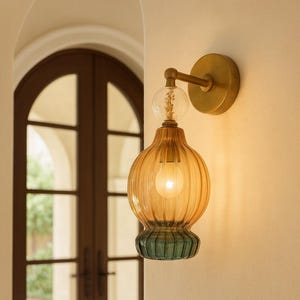 Hand Blown Glass Wall Sconce: Amber Teal Ribbed Brass Fixture | Modern Home Lighting.
