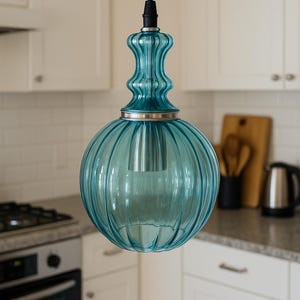 Hand-Blown Glass Pendant Light | Turquoise Ribbed Shade | Modern Kitchen Island Lighting | Ceiling Lamps.