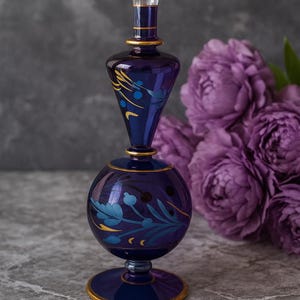 Handblown Purple Glass Vase | Etched Floral Design | Gold Rim | Decorative glassware | centerpiece vase.