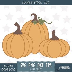 May include: Illustration of three orange pumpkins with brown stems and green leaves. The pumpkins are in a stack, with the largest in the middle. Text at the top reads "PUMPKIN STACK - SVG". Below the pumpkins are the words "SVG PNG DXF EPS CUT FILES".