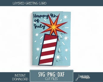 4th of July Card SVG File: Fire Cracker, Patriotic Red, White, and Blue Layered Die Cut Design for Cricut and Silhouette (Digital Download)