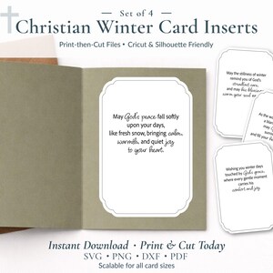 May include: A set of four Christian Winter Card Inserts with seasonal messages. The cards are white with decorative borders and feature winter-themed text. The image also shows a folded card and an envelope.