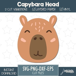 Könnte beinhalten: Eine digitale Schnittdatei eines Capybara-Kopfes mit einem braunen, rosa und schwarzen Farbschema. Die Datei ist in den Formaten SVG, PNG, DXF und EPS verfügbar. Das Bild befindet sich auf einem weißen Hintergrund mit einem Muster aus weißen Sternen.