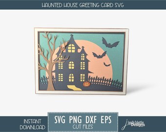 Halloween Haunted House Card SVG file: DIY Die Cut design, Autumn greeting, Jack o lantern, Hallow Tree (Digital Download) PNG