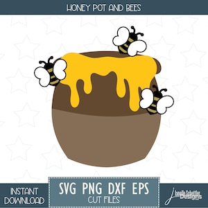 May include: A cartoon illustration of a brown honey pot with yellow honey dripping from the top. Three cartoon bees with black and yellow stripes and white wings are flying around the honey pot. Text at the top says "HONEY POT AND BEES".